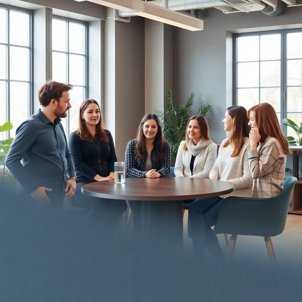 Sieben Personen im Brightlesson-Team in einem hellen Stuttgarter Coworking-Raum